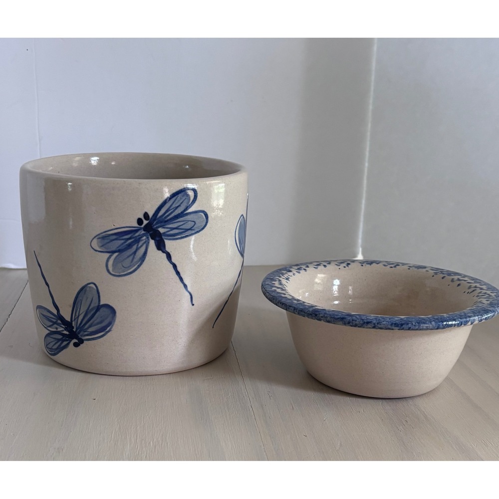 Annie's Garden 2 Pc Stoneware Dip Chiller Server Blue Dragonfly Signed LA EUC